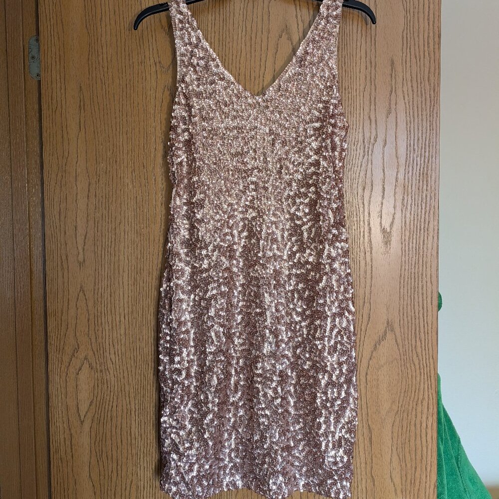 Gold Sequin Cocktail Dress V neck Bodycon Glitter Party Dress Size Medium